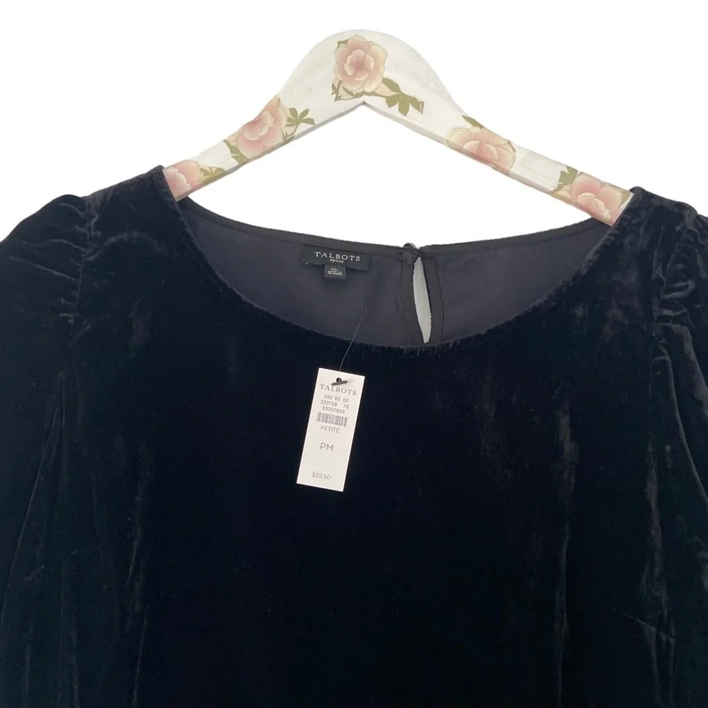 Talbots Women's Black Velour Blouse Top Ruched Short Sleeves Button Back PM NWT - Picture 3 of 14